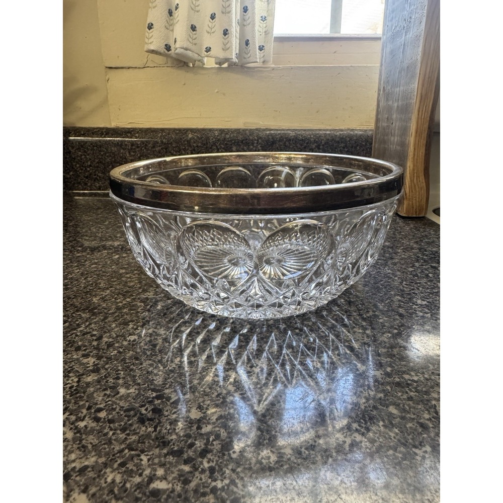 Vintage Cut Glass Bowl w/Silver Plated Rim Marked Germany 8.25"dia. x 3.5" tall